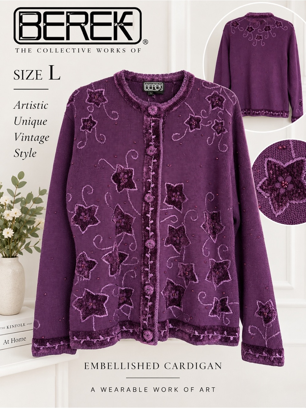 Berek Size L Purple Floral Chenille Embellished Cardigan Sweater Vintage Y2K